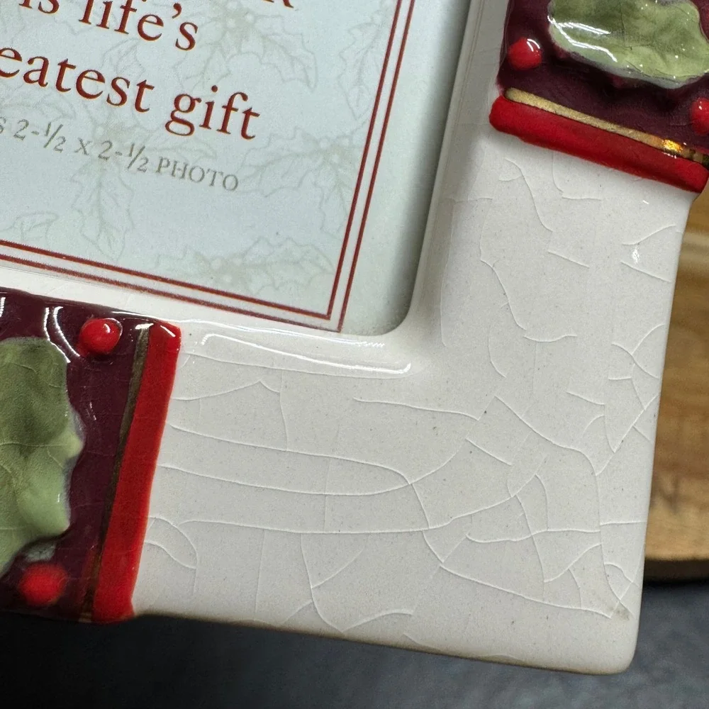 Grasslands Road Father Ceramic Christmas Ornament Picture Frame Red Bow Holly